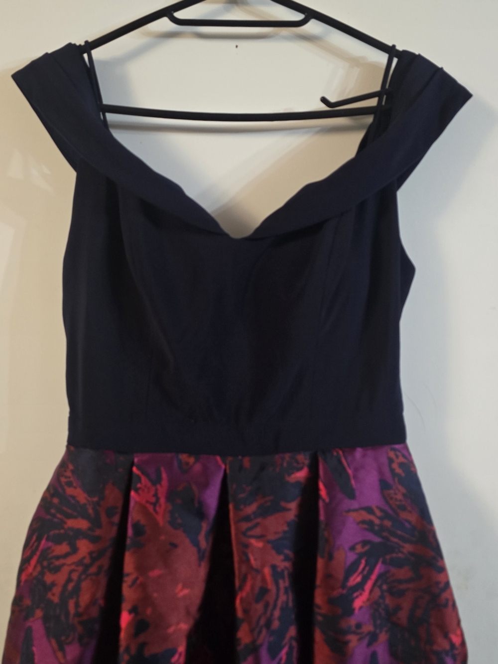 Morgan & Co. Off-Shoulder Navy and Fuchsia Floral Fit & Flare Dress Sz 7/8.